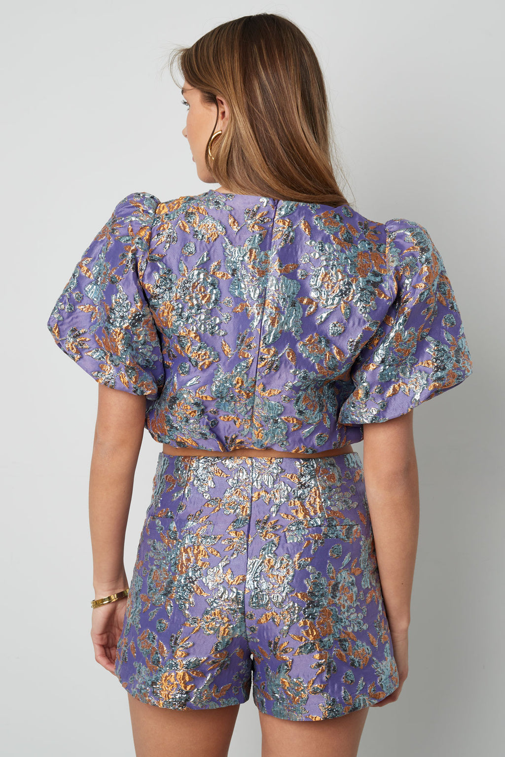 Polyester Vrouwen Korte Mouw Top Puff Sleeve Bloemenprint