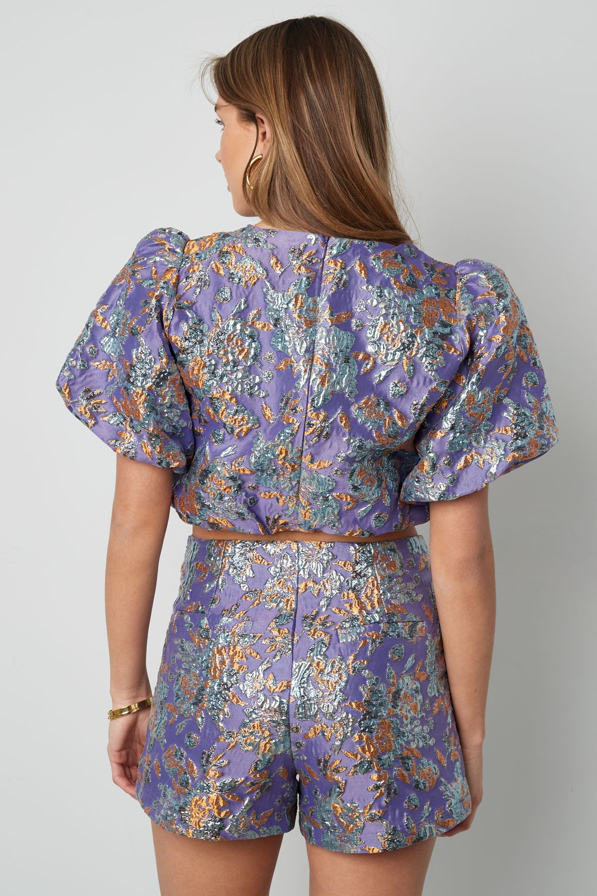 Polyester Vrouwen Korte Mouw Top Puff Sleeve Bloemenprint