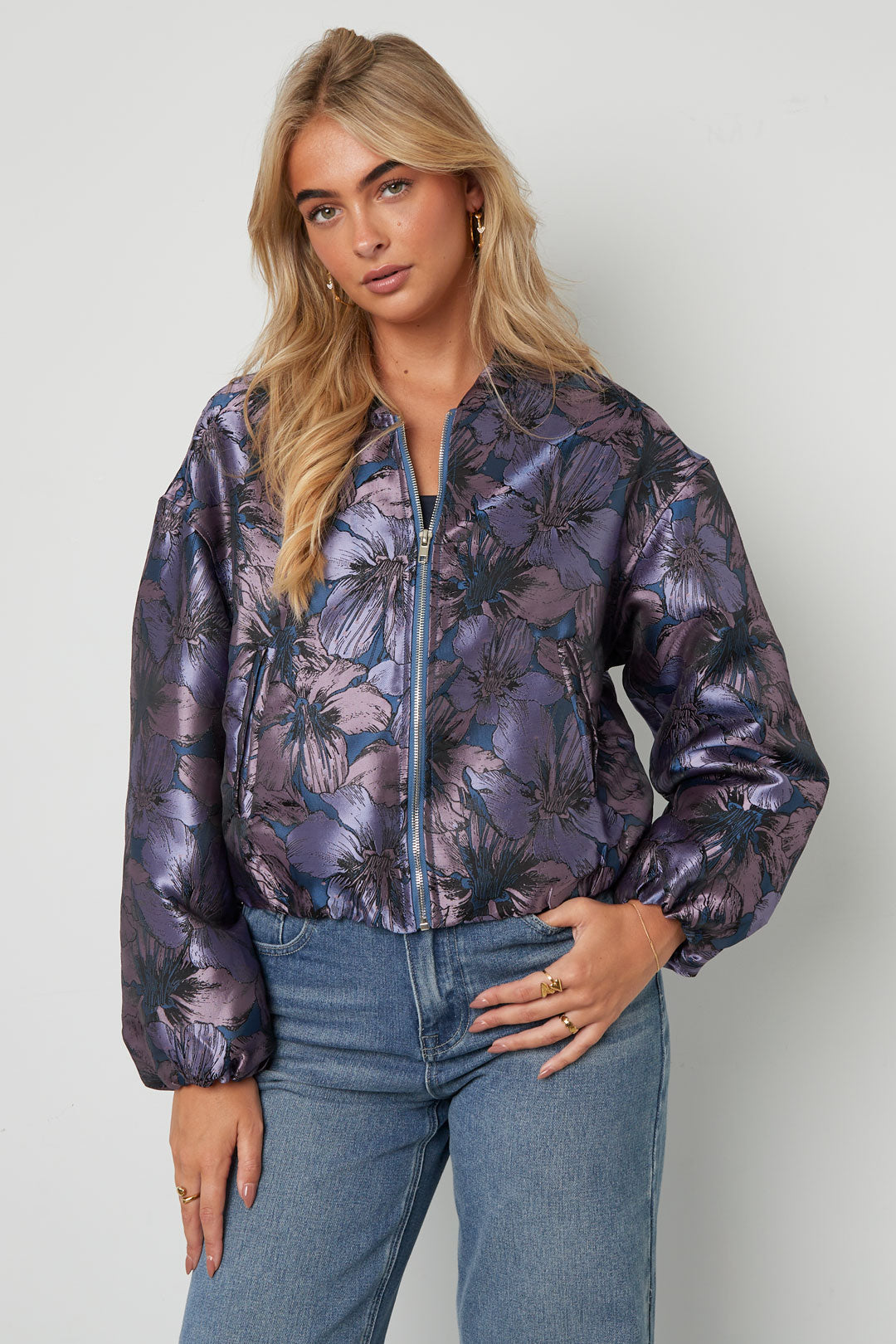 Woven Polyester Fiber Vrouwen Bomber Jas Casual Bloemenprint