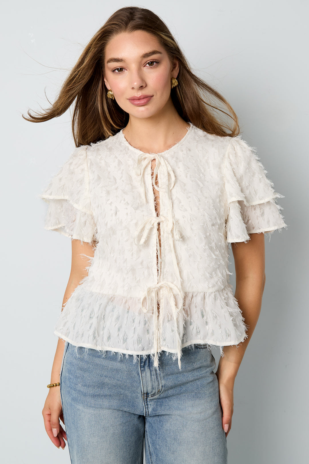 Geweven Polyestervezel Vrouwen Korte Mouwen Tops Elegante Sluiting Solide Kleur