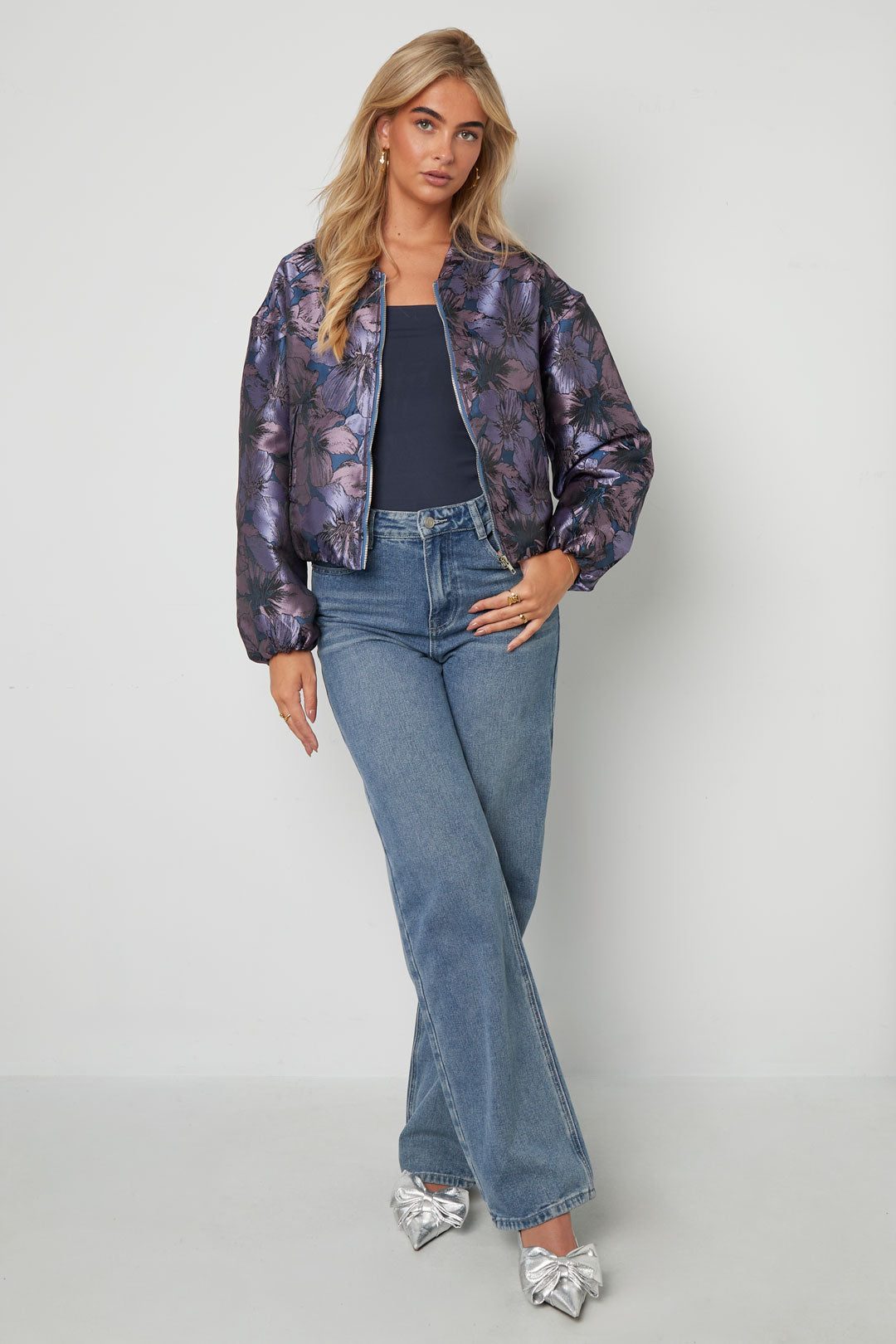 Woven Polyester Fiber Vrouwen Bomber Jas Casual Bloemenprint
